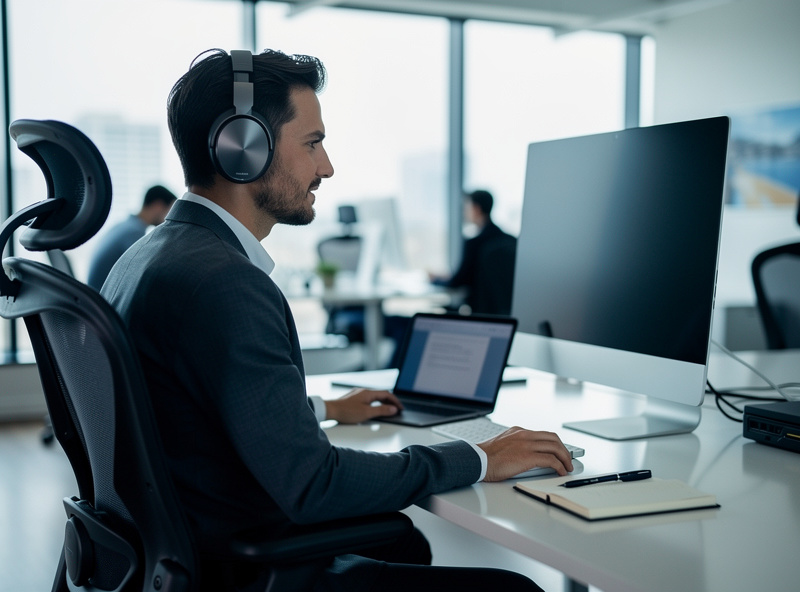 Person wearing closed back headphones at office desk