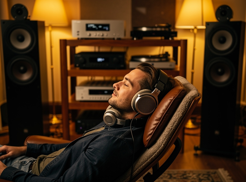 Person wearing open back headphones in listening room
