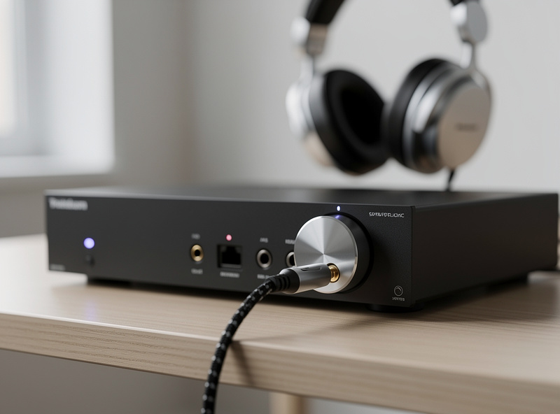 Headphone amplifier DAC on desk with headphones