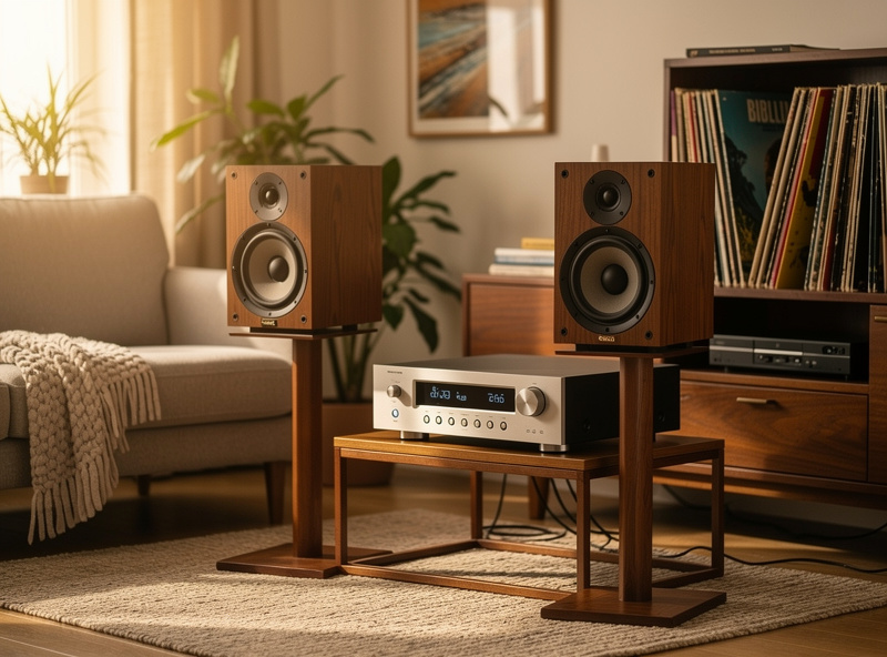 Elegant hi-fi audio system with bookshelf speakers on wooden stands