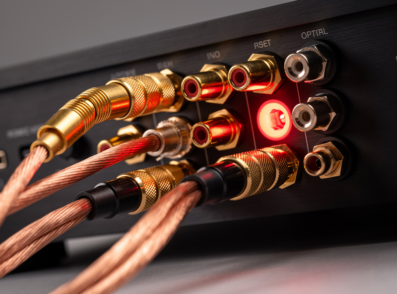 Hi-fi amplifier rear panel with RCA and speaker cable connections