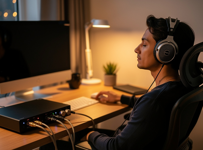 Person listening through open-back headphones with desktop DAC and amplifier