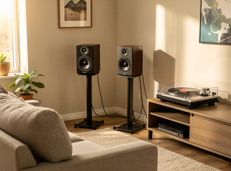Bookshelf speakers on metal stands at ear level in living room
