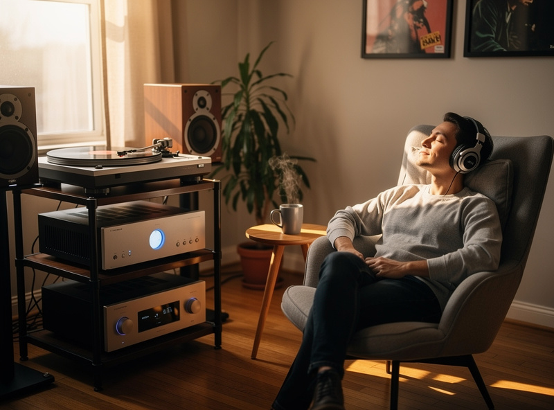 Person wearing open-back headphones in comfortable home listening setup