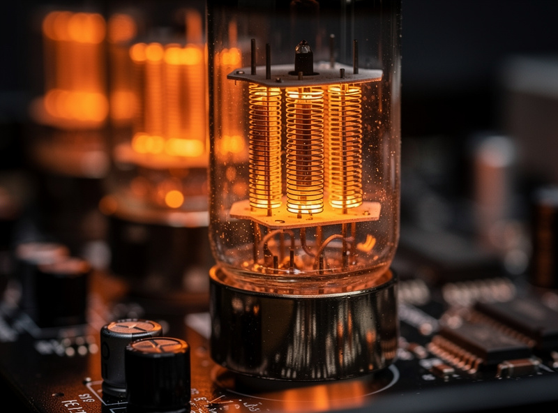 Close-up of glowing EL34 vacuum tubes inside amplifier