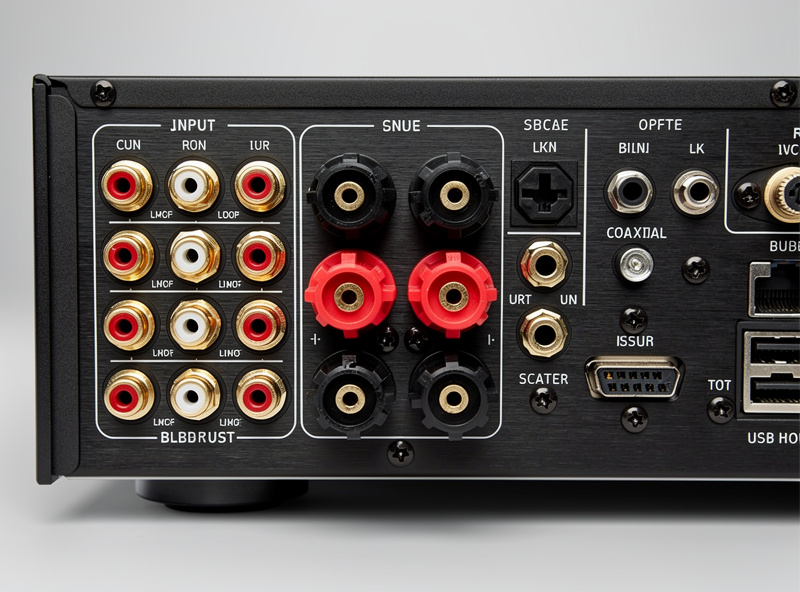 Rear panel of integrated amplifier with RCA and speaker connections