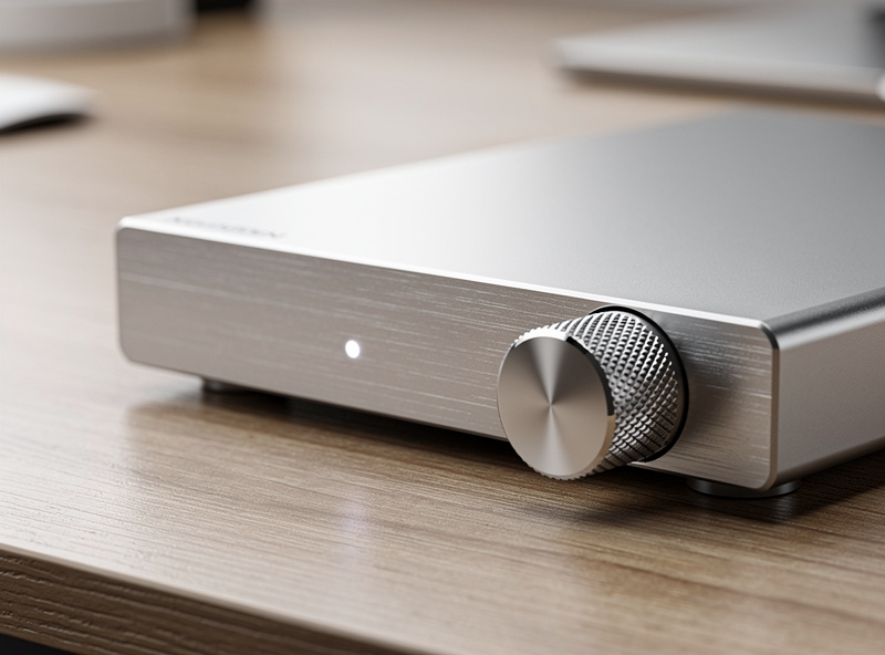 USB DAC headphone amplifier with volume knob on desk
