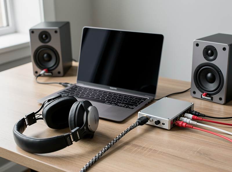 Laptop connected to USB DAC with powered speakers