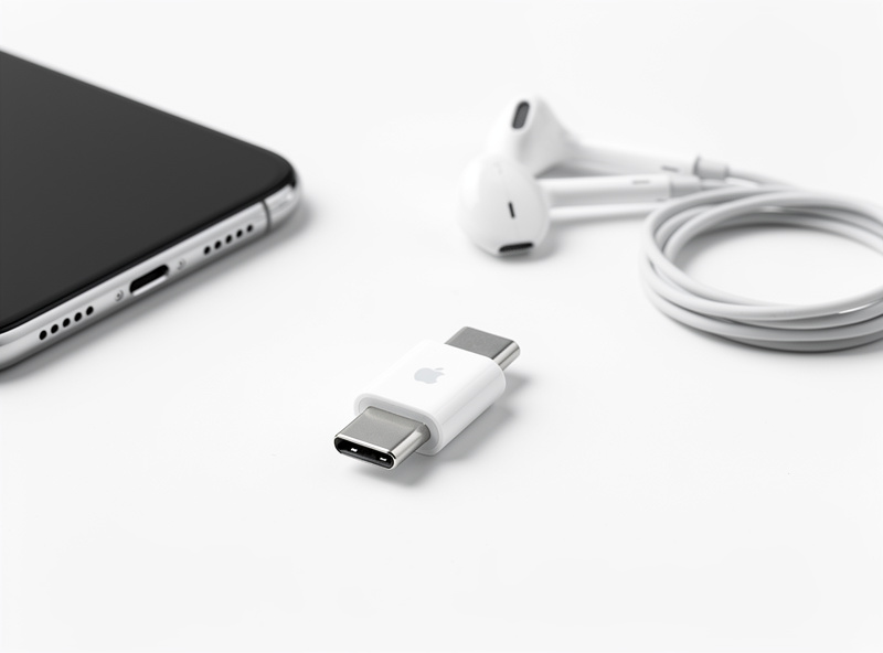 Apple USB-C dongle next to smartphone and earbuds
