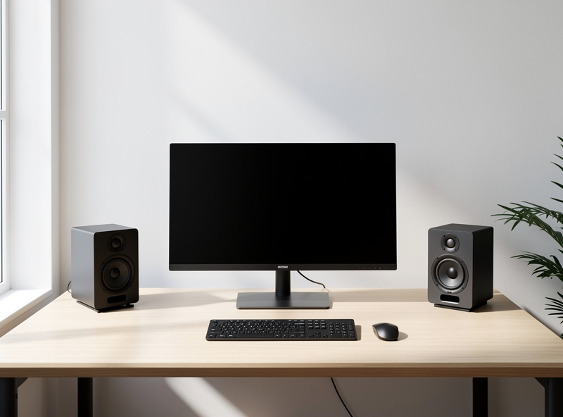 Minimalist desktop with powered speakers flanking monitor