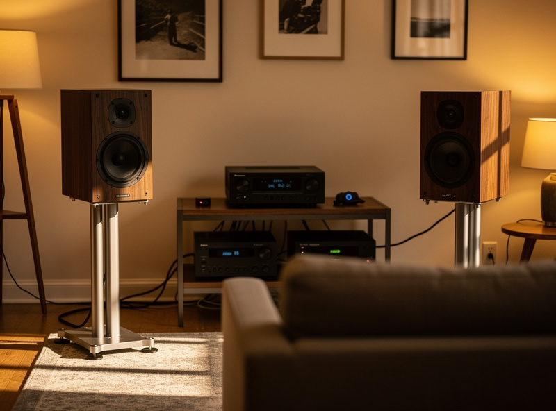 Bookshelf speakers on stands with toe-in angle toward listener