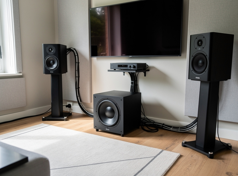Subwoofer positioned along front wall between main speakers
