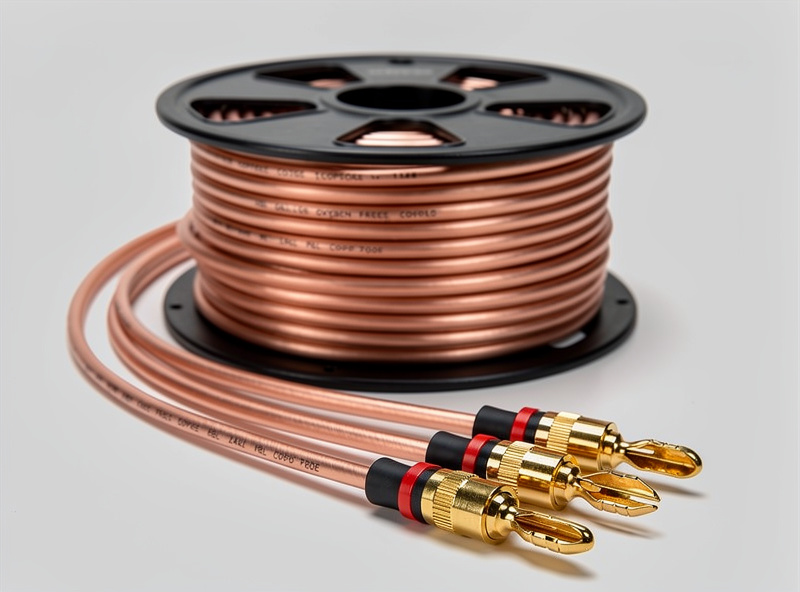 Speaker wire spool with banana plugs attached