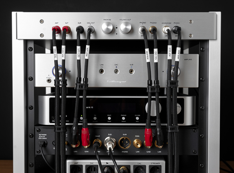 Clean cable management behind hi-fi rack