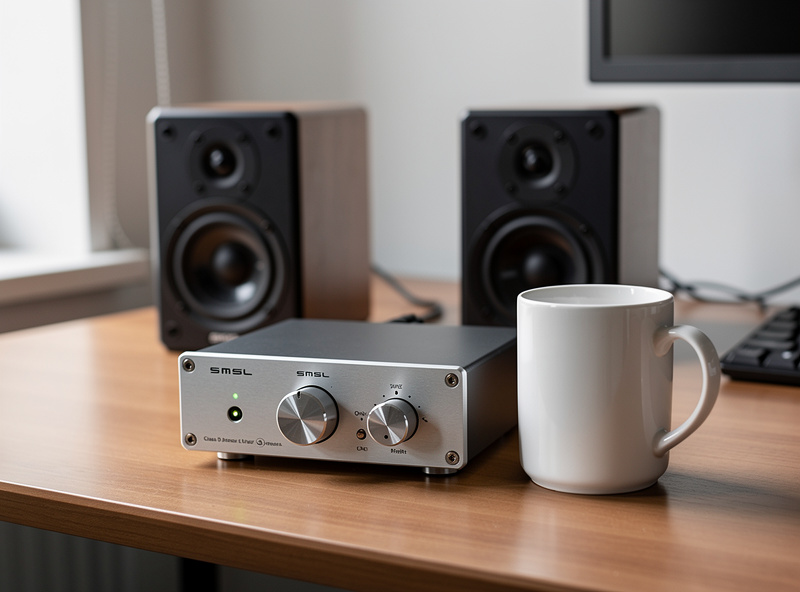 Compact SMSL Class D amplifier on desk with bookshelf speakers