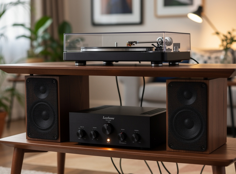 Complete budget hi-fi system with amplifier speakers and turntable