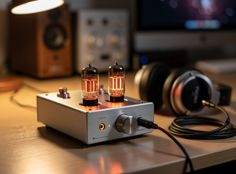 Desktop headphone amplifier with tubes warm glow