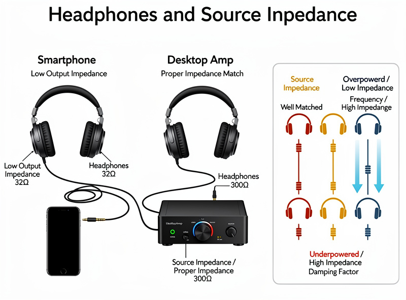 Headphones connected to smartphone and amplifier
