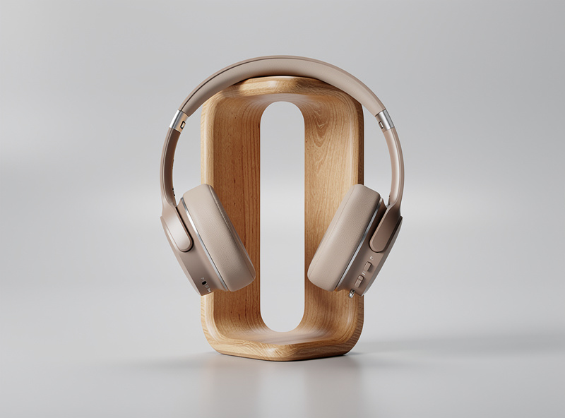 On ear headphones on wooden stand