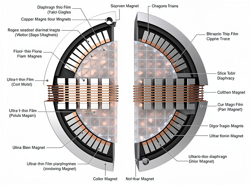 Planar magnetic headphone driver thin film diaphragm
