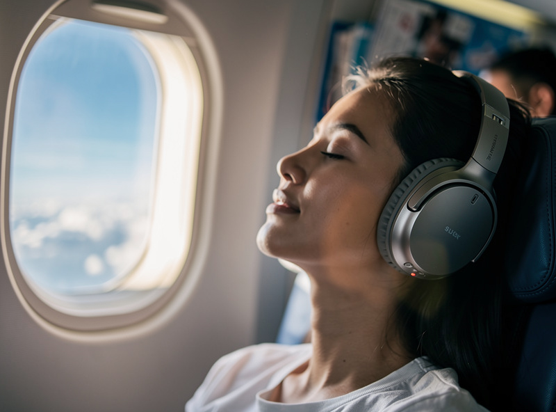 Person wearing wireless headphones on airplane