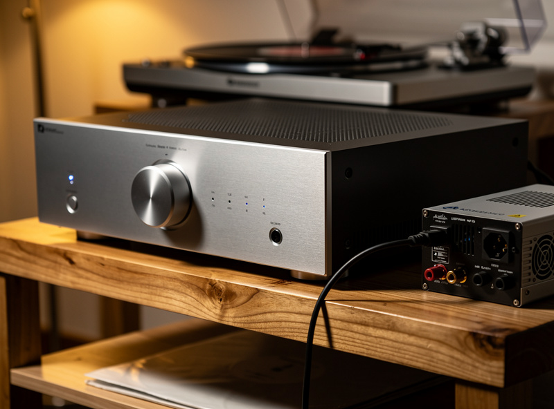 Hi-fi audio system in a listening room with a Class A integrated amplifier connected via short cable to a small LiFePO4 battery and pure-sine inverter, soft warm room lighting