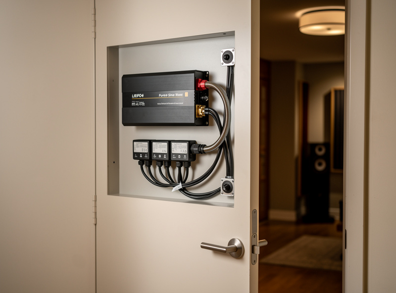 LiFePO4 battery and pure-sine inverter installed in a closet just off a hi-fi listening room, cable conduit running through the wall to the listening area