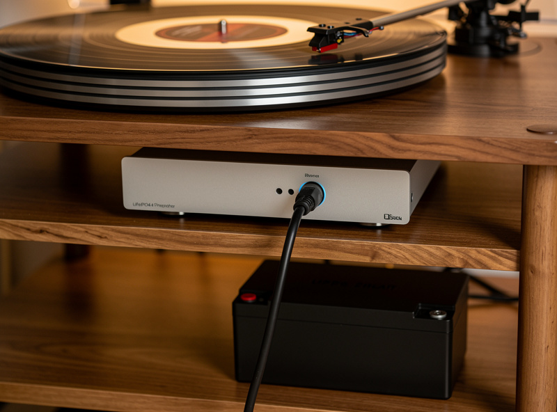 Close-up of a small phono stage on a wooden equipment rack with a thick power cable running to a small LiFePO4 battery box on the lower shelf, soft warm listening room lighting