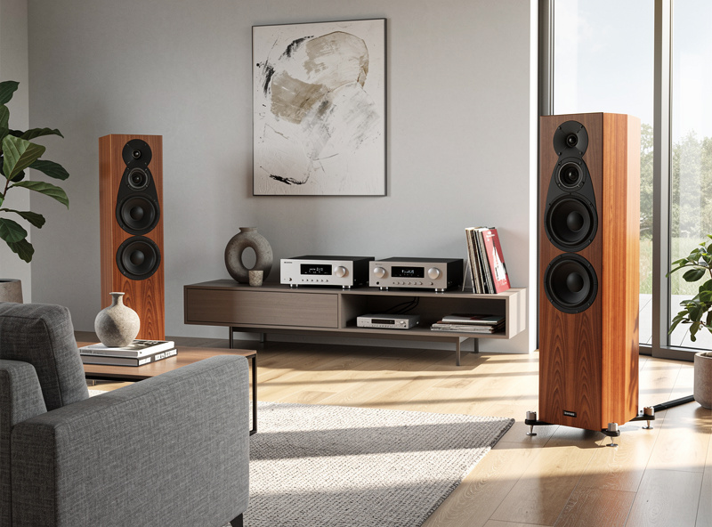 Pair of elegant floor standing tower speakers in modern living room