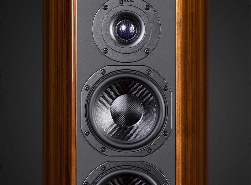 Close-up of floor standing speaker driver array showing tweeter midrange and woofers