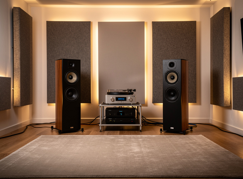 Floor standing speakers positioned properly in dedicated listening room