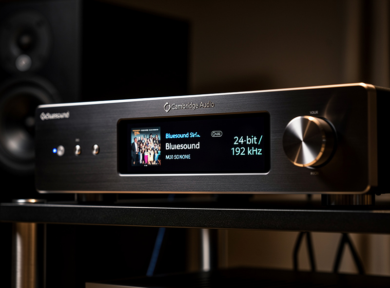 Close-up of a high-end Bluesound or Cambridge Audio network streamer showing track info and high-resolution sampling rate