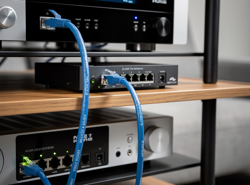 Ethernet switch and managed router on shelf beside hifi rack with cat6 cable running to streamer below