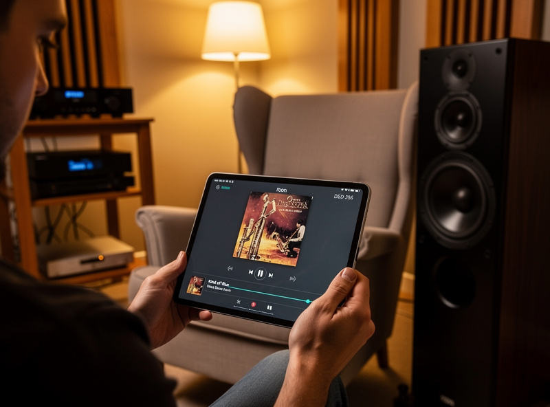 Audiophile holding tablet showing Roon control app with album art and DSD sampling rate beside listening chair and large speaker warm lighting