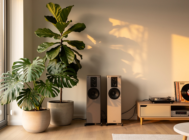 Tall fiddle leaf fig and monstera plants in ceramic planters near floor-standing speakers