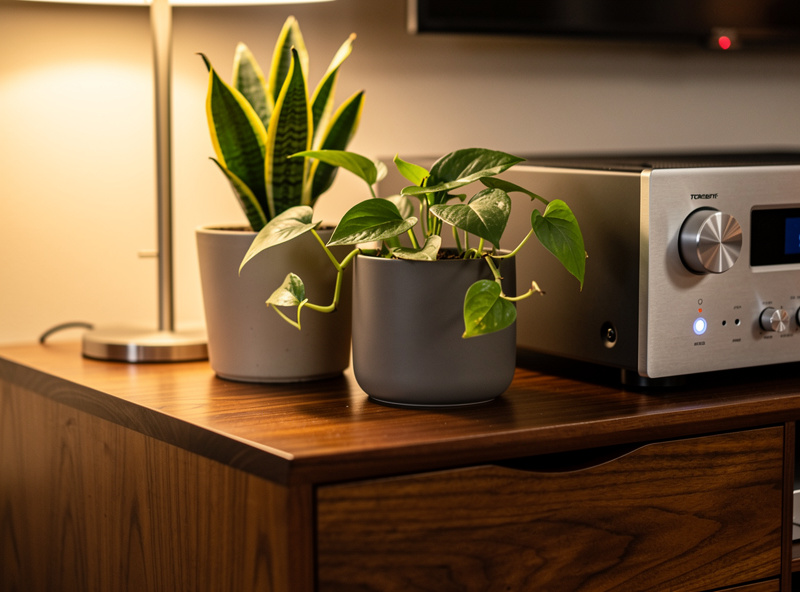 Snake plant and pothos in ceramic pots on wooden side table next to a stereo amplifier