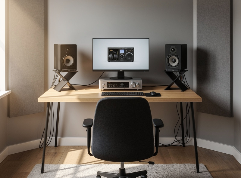 Near-field listening setup with bookshelf speakers on desk stands forming equilateral triangle