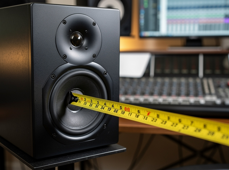 Close-up of studio monitor speaker on desk stand with tweeter at ear level