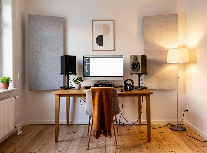 Small room near-field listening setup with acoustic panels on side walls