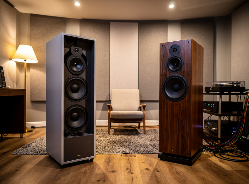 Open baffle dipole speaker next to traditional wooden box speaker side by side