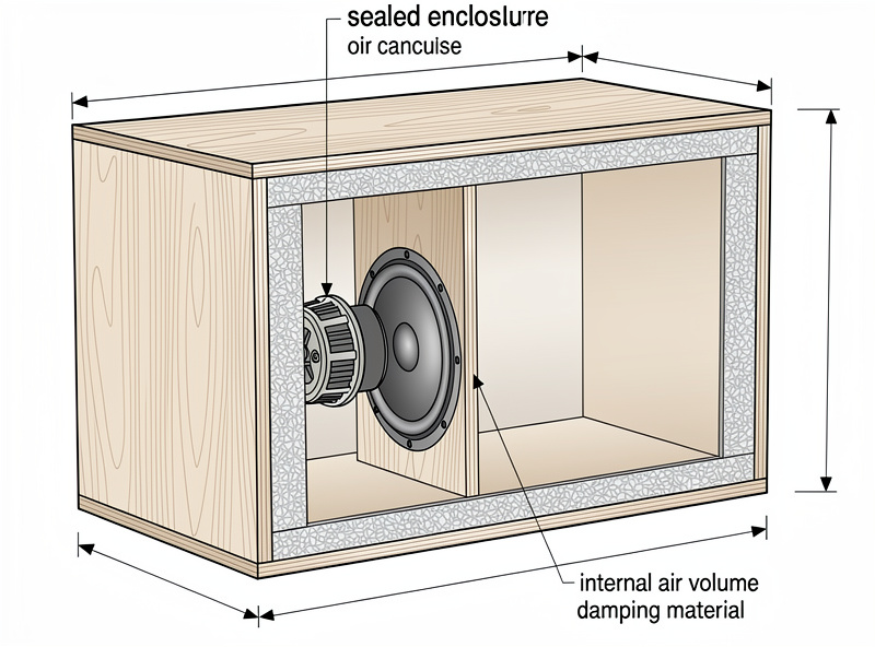 Cutaway view showing sealed speaker cabinet internal air volume and damping