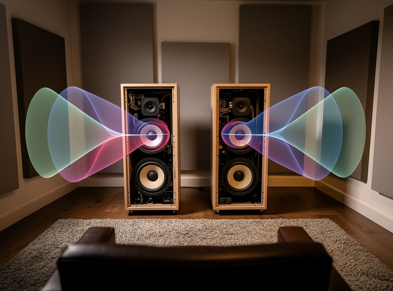 Open baffle speaker with visible dipole radiation pattern in listening room