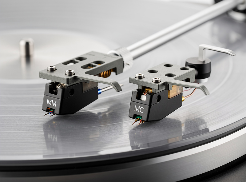 Moving magnet and moving coil phono cartridges on turntable close up