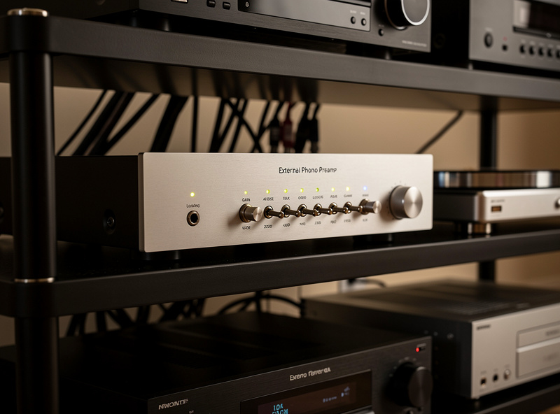 External phono preamp with adjustable gain and loading on audio rack