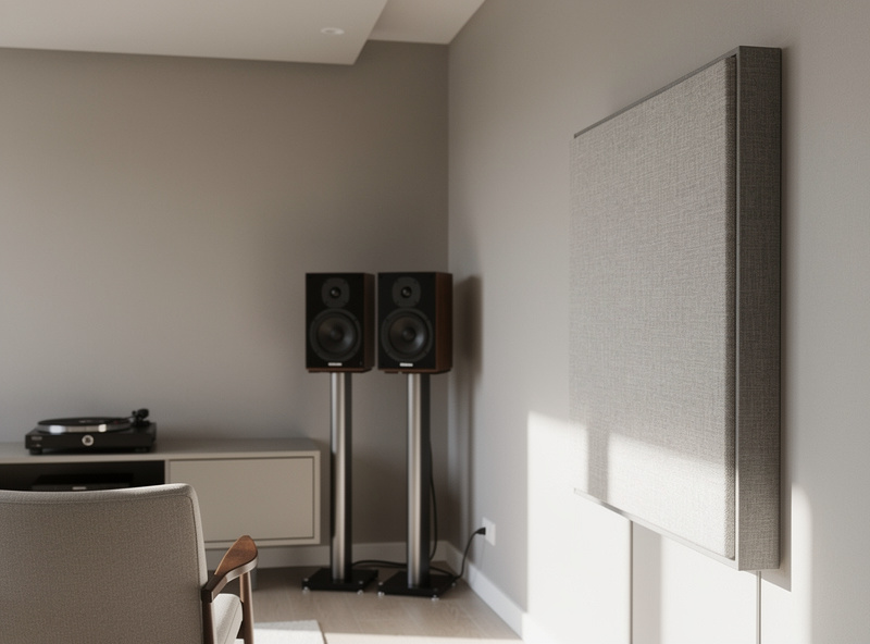 Broadband acoustic absorption panel in fabric frame mounted at first reflection point