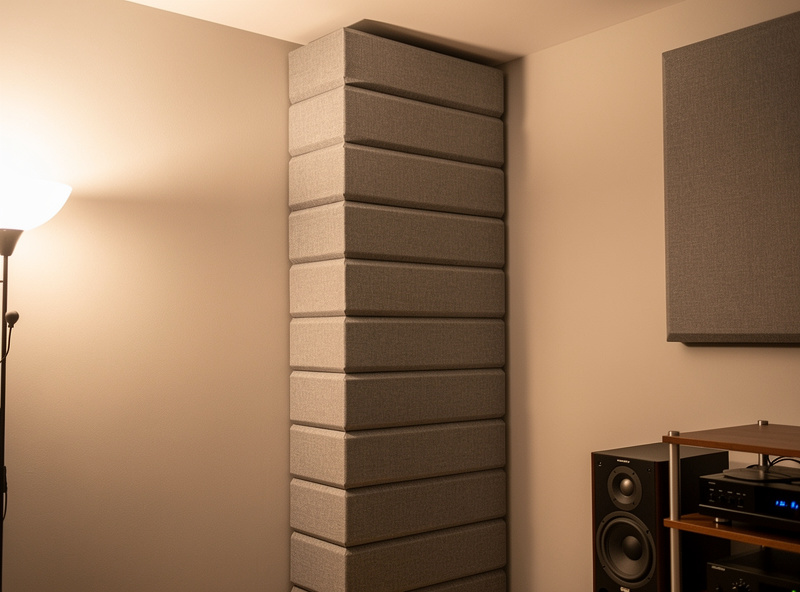 Floor-to-ceiling corner bass trap made of thick rigid fiberglass