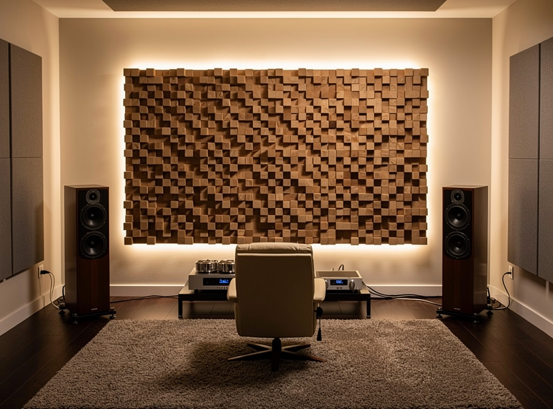 Quadratic residue skyline diffuser panel on rear wall behind listening position