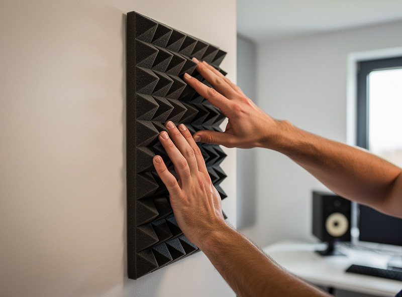 Acoustic absorption panel being mounted on wall at first reflection point