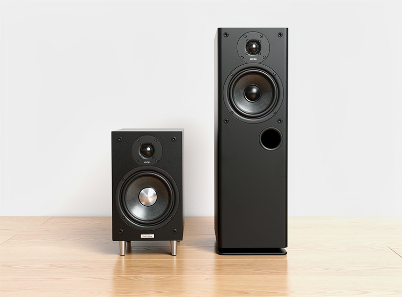 Comparison of bookshelf speaker and floor standing tower speaker side by side