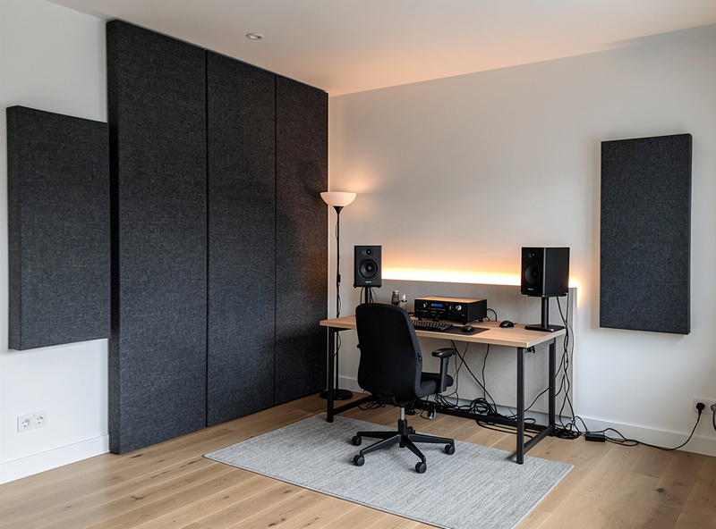 Bass trap panel in corner of listening room, floor to ceiling acoustic treatment